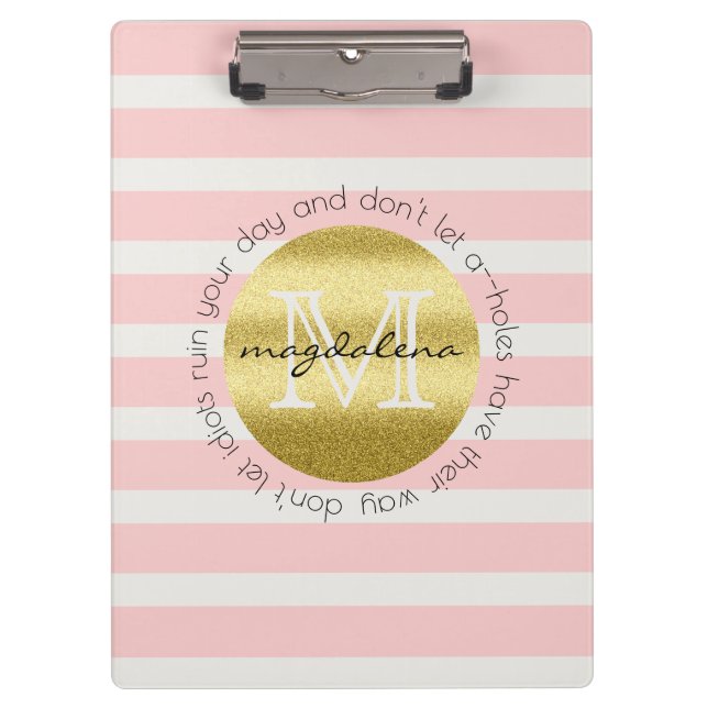 Trendy Monogram Gold Glitter Blush Pink Stripes Clipboard (Front)