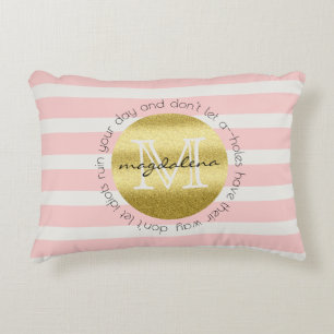 Trendy Monogram Gold Glitter Blush Pink Stripes Decorative Cushion