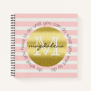 Trendy Monogram Gold Glitter Blush Pink Stripes Notebook