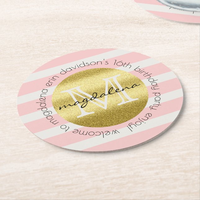 Trendy Monogram Gold Glitter Blush Pink Stripes Round Paper Coaster (Angled)