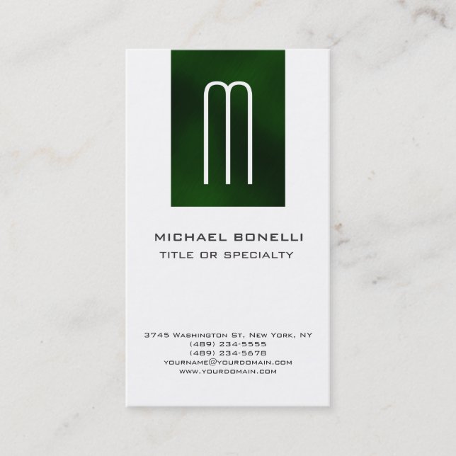 Trendy Monogram Green Stripe White Business Card (Front)