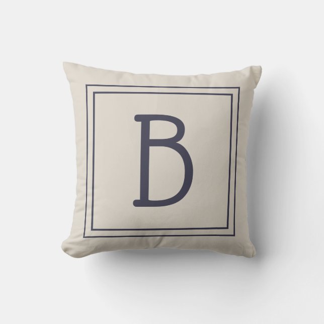Trendy Monogram Letter Initial Neutral Tan Blue Cushion (Front)