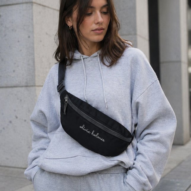 Trendy Monogram | Modern Black Script Name Bum Bags (Creator Uploaded)