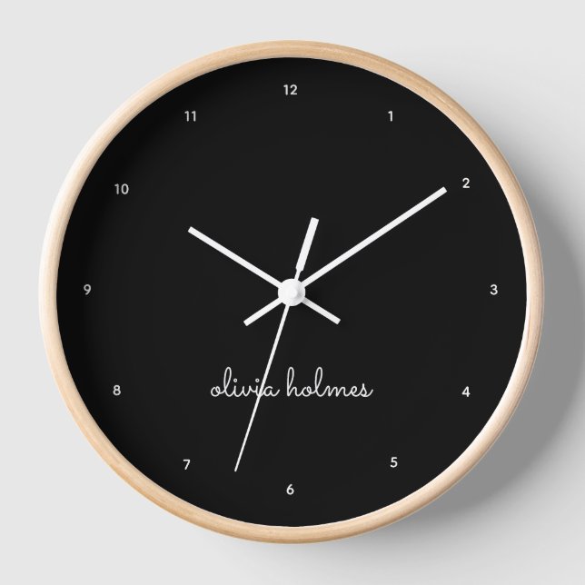 Trendy Monogram | Modern Black Script Name Clock (Front)