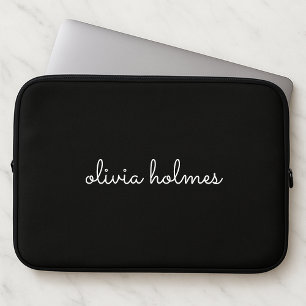 Trendy Monogram Modern Black Script Name Laptop Sleeve