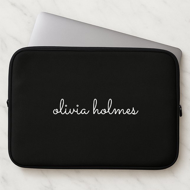 Trendy Monogram | Modern Black Script Name Laptop Sleeve (Creator Uploaded)
