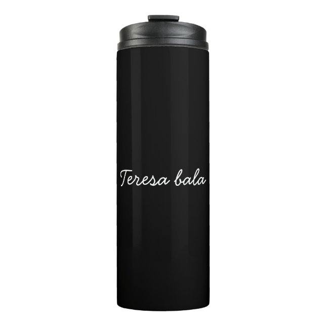 Trendy Monogram Modern Black Script Personalized Thermal Tumbler (Front)