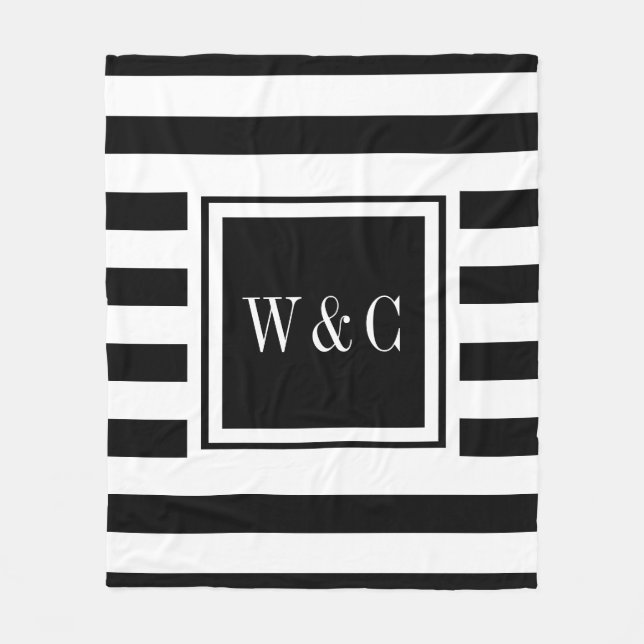 Trendy Monogram Modern Black White Stripe Fleece Blanket (Front)