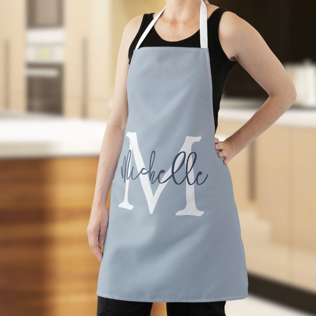 Trendy Monogram Name Initial Script Dusty Blue Apron (Creator Uploaded)