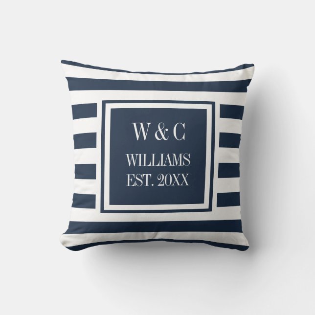 Trendy Monogram Navy Blue White Stripe Cushion (Front)