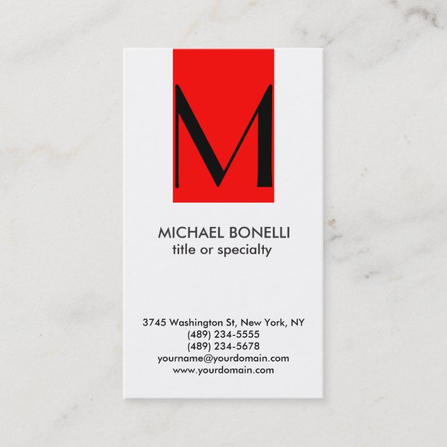 Trendy Monogram Red Stripe White Business Card (Front)