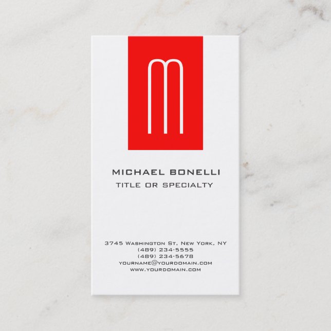Trendy Monogram Red White Vertical Business Card (Front)