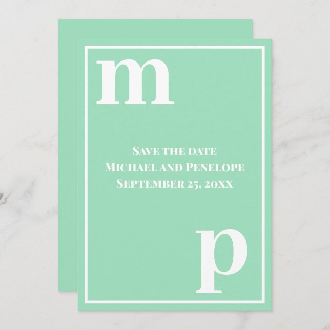 Trendy Monogram Sea Foam Green Save the Date Invitation (Front/Back)