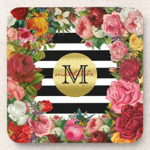 Trendy Monogram Stripes Roses Flowers Gold Glitter Coaster