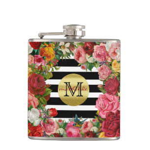 Trendy Monogram Stripes Roses Flowers Gold Glitter Hip Flask