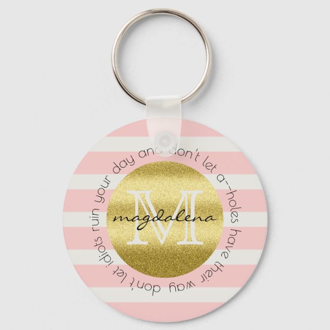 Trendy Monogram Stripes Roses Flowers Gold Glitter Key Ring (Front)