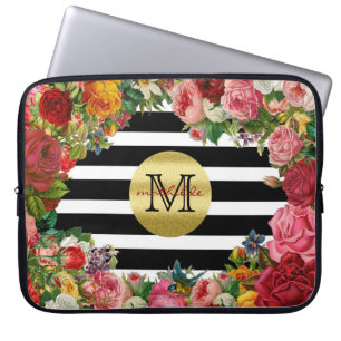 Trendy Monogram Stripes Roses Flowers Gold Glitter Laptop Sleeve