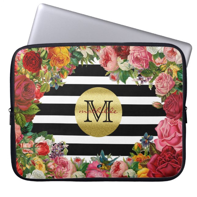 Trendy Monogram Stripes Roses Flowers Gold Glitter Laptop Sleeve (Front)