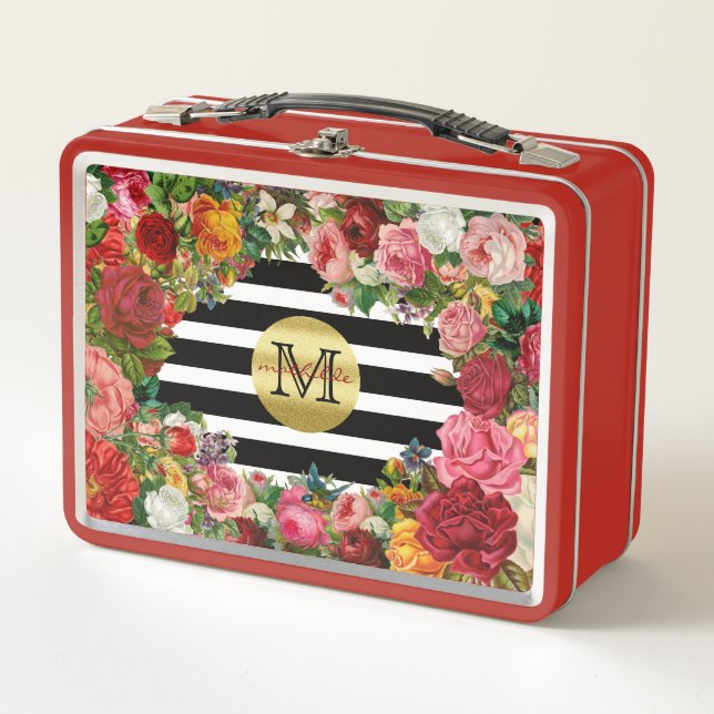 Trendy Monogram Stripes Roses Flowers Gold Glitter Metal Lunch Box (Front)