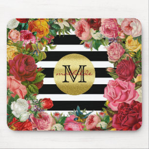 Trendy Monogram Stripes Roses Flowers Gold Glitter Mouse Pad