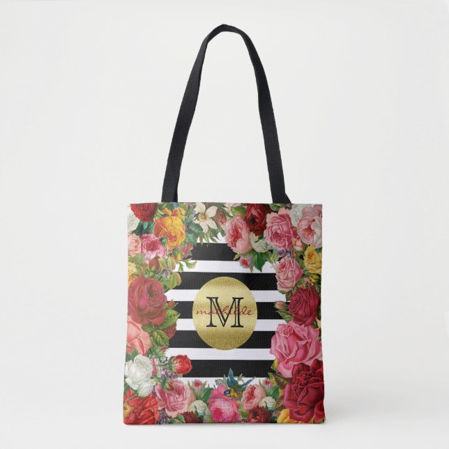 Trendy Monogram Stripes Roses Flowers Gold Glitter Tote Bag (Front)
