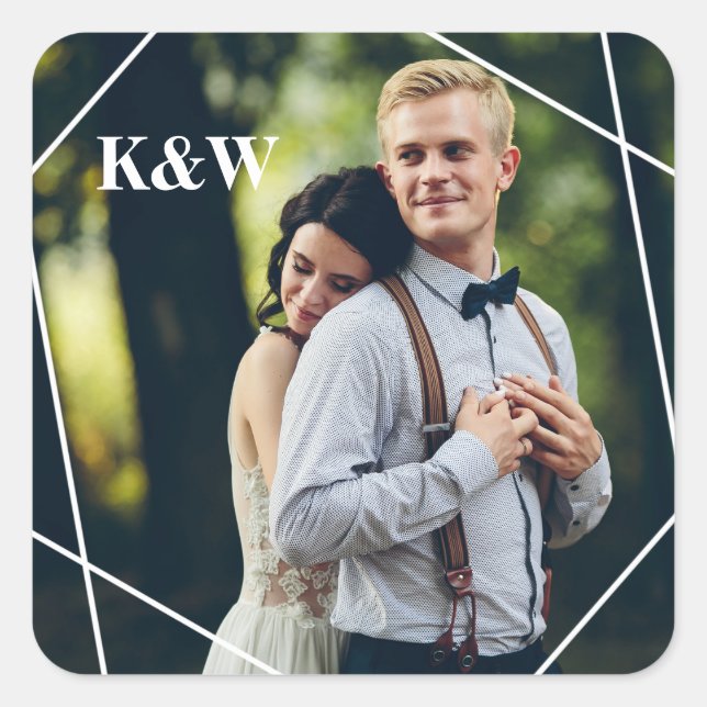 Trendy Monogram Wedding Photo Square Sticker (Front)