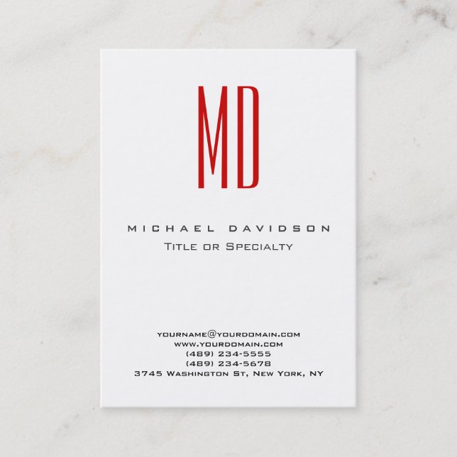 Trendy Monogram White Red Business Card (Front)