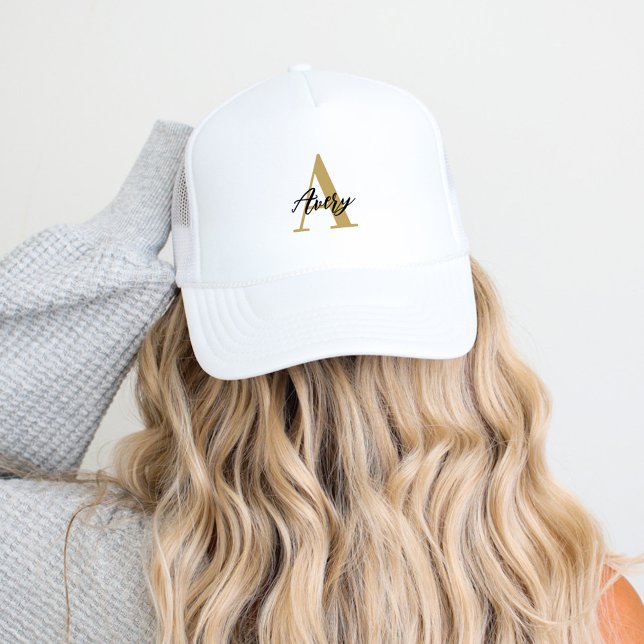 Trendy Monogram with Script Name Overlay Trucker Hat (Creator Uploaded)