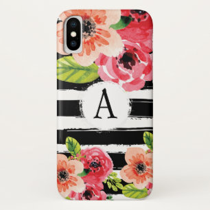 Trendy Monogramed Black White Stripes Flowers iPhone X Case