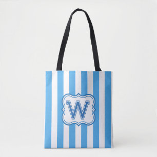 Trendy Monogramed Blue & White Wide Stripe Tote Bag