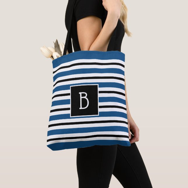 Trendy Monogrammed Classic Blue Black White Stripe Tote Bag (Close Up)