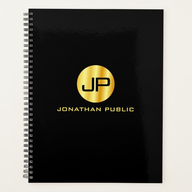 Trendy Monogrammed Elegant Black Gold Template Planner (Front)