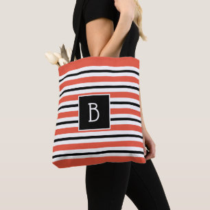 Trendy Monogrammed Orange Red Black & White Stripe Tote Bag