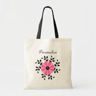 Trendy Monogrammed Pink And Black Flower With Name Tote Bag