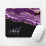 trendy monogrammed purple and gold glitter agate mouse pad<br><div class="desc">A school and home mouse pad  with modern cute girly monogrammed script lettering with an elegant girly purple and gold glitter agate. You can personalise the template with you own text.</div>