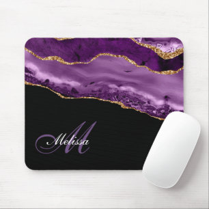 trendy monogrammed purple and gold glitter agate mouse pad