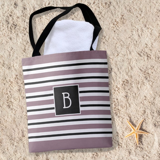 Trendy Monogrammed Purple, Black & White Stripe Tote Bag (Creator Uploaded)