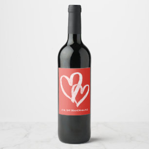 Trendy Monogrammed Red Hearts Valentines Wine Labe Label