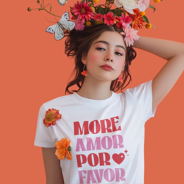 Trendy More Amor Por Favour Red and Pink Simple T-Shirt (Trendy Women's "More Love" ( "More Amor" ) t-shirt is perfect for any occasion.)