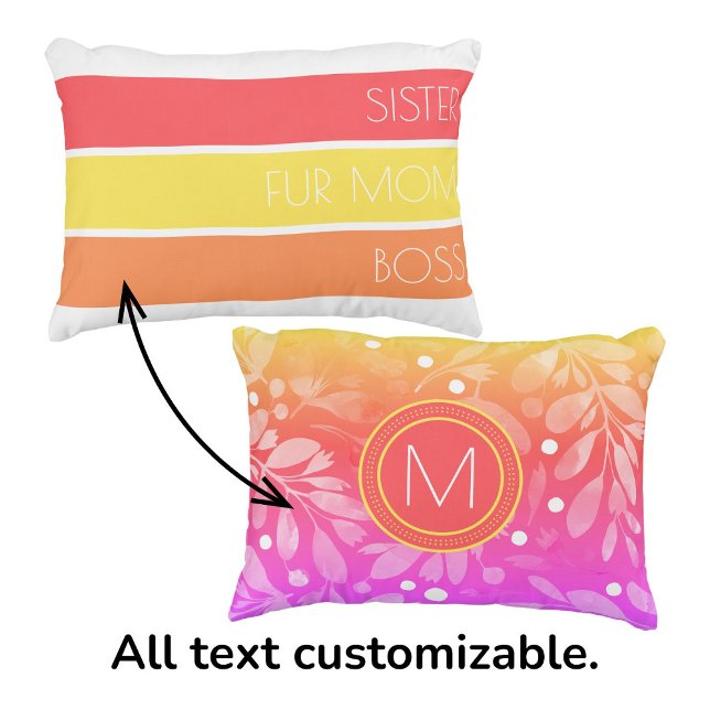 Trendy Mother's Day Typography and Floral Decorative Cushion (Customizable Mother's Day pillow in coral, yellow and orange. Personalize with initial and text.)
