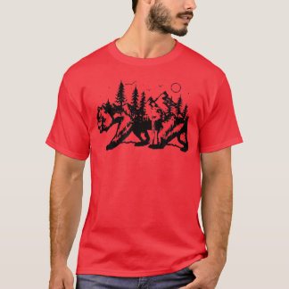 Trendy Mountain Landscape Filled Bear Graphic Silh T-Shirt