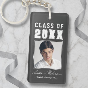 Trendy Name Class Of Charcoal Gray Graduate Photo Key Ring