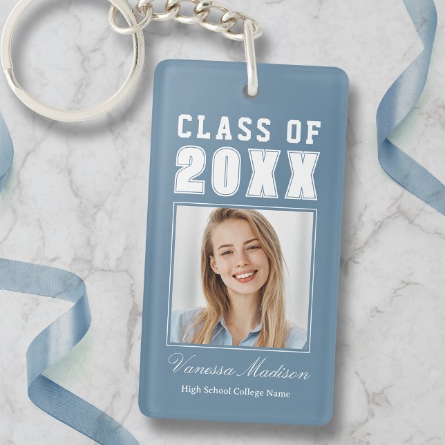 Trendy Name Class Of Dusty Blue Graduate Photo Key Ring (Creator Uploaded)