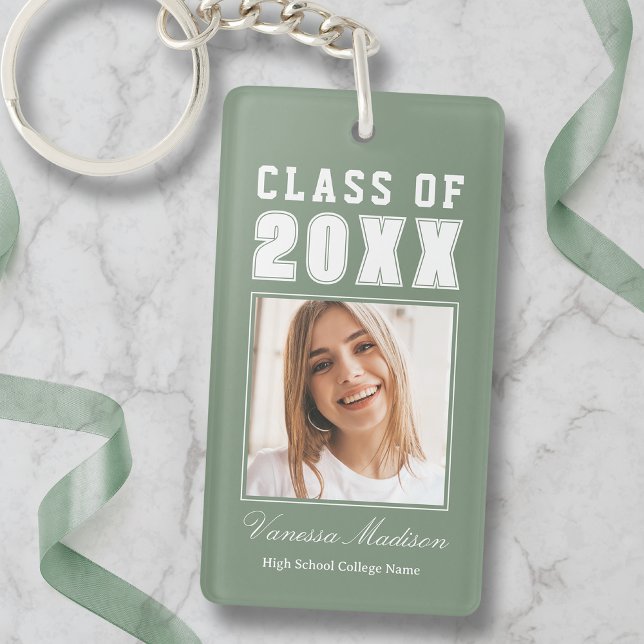 Trendy Name Class Of Sage Green Graduate Photo Key Ring (Creator Uploaded)