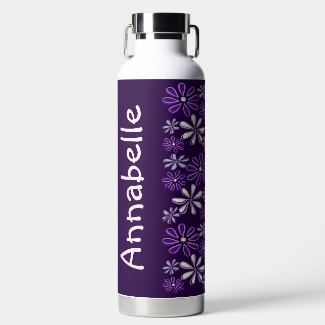 Trendy Name Purple Flower Doodle Pattern Water Bottle (Front)