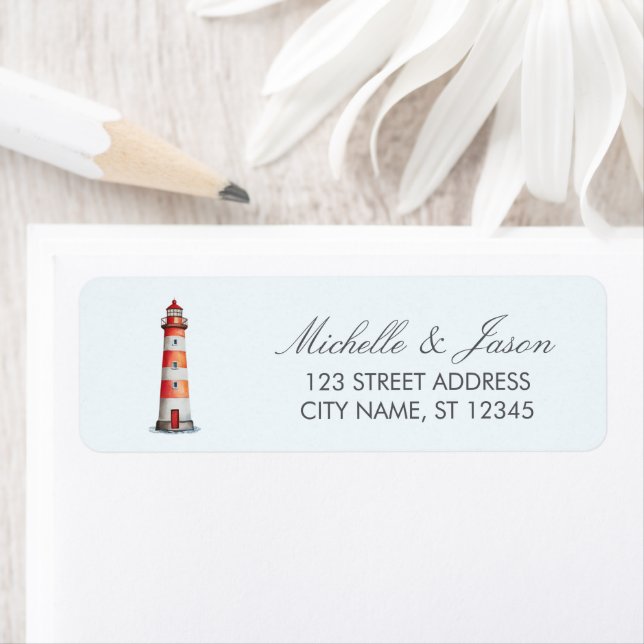 Trendy Nautical Lighthouse Wedding Return Address  Label (Insitu)