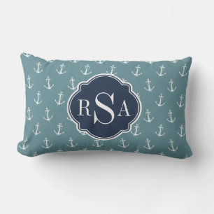 Trendy Nautical Monogrammed Blue Anchor Pattern Lumbar Cushion