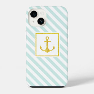 Trendy Nautical Stripes Faux Glitter Anchor Case-M iPhone 14 Case