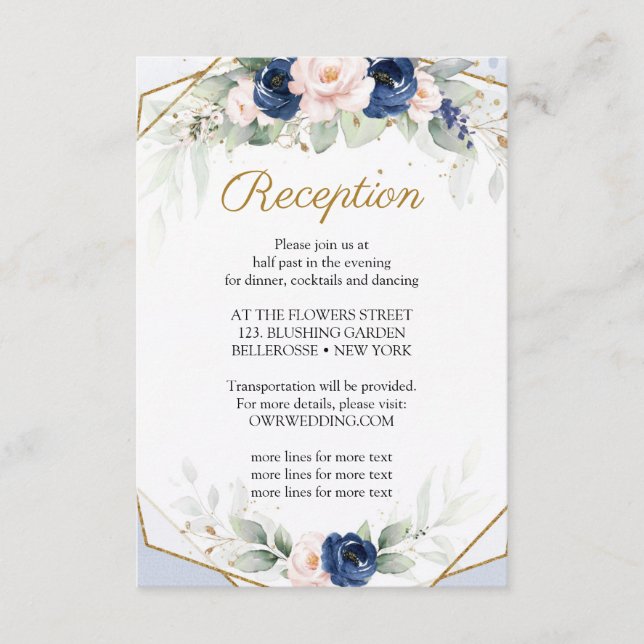 Trendy Navy and Blush Floral Fsuc Gold Reception Enclosure Card (Front)