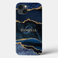 Trendy Navy Blue Agate Gold Glitter Monogram